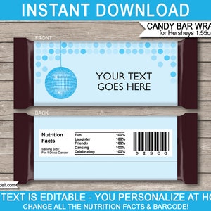 Blue Disco Candy Bar Wrappers Template - Printable Chocolate Labels - INSTANT DOWNLOAD with EDITABLE text - you personalize