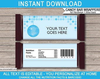 Blue Disco Candy Bar Wrappers Template - Printable Chocolate Labels - INSTANT DOWNLOAD with EDITABLE text - you personalize