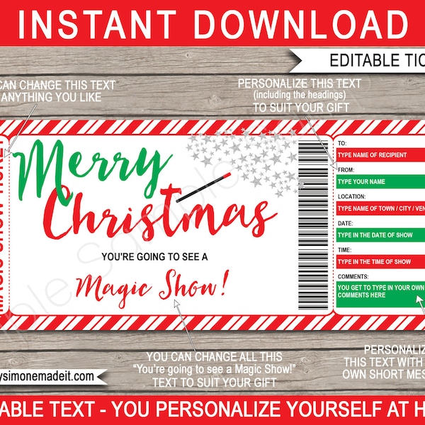 Christmas Magic Show Ticket Template - Printable Gift Certificate Voucher Coupon - Magician - INSTANT DOWNLOAD with EDITABLE text