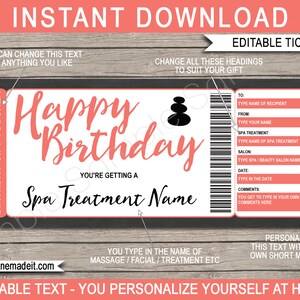 Printable Spa Gift Voucher Certificate Coupon Birthday Template - Massage Facial Body Wrap Scrub Manicure Pedicure Treatment - DOWNLOAD