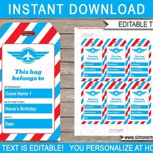 Airplane Luggage Tags or Favor Tags Template - Printable Plane Thank You Tags - Birthday Party - INSTANT DOWNLOAD with EDITABLE text