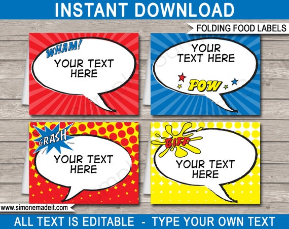 Superhero Birthday Party Food Labels Tags Printable Decoration Template 