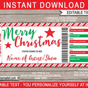 Druckbare Weihnachts-Konzertkarte Vorlage - Geschenkgutschein Zertifikat - Überraschung Konzertshow Künstler - SOFORTIGER DOWNLOAD