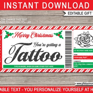 Tattoo Gutschein Gutschein Weihnachtsgeschenk Karte druckbare Vorlage, Get Inked Rose Flower Design, INSTANT DOWNLOAD mit EDITIERBARE Text