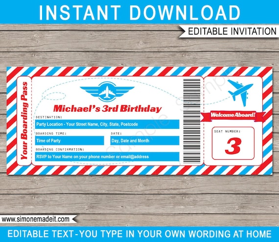 Airplane Birthday Invitation Airplane Ticket Party Invite Boy 