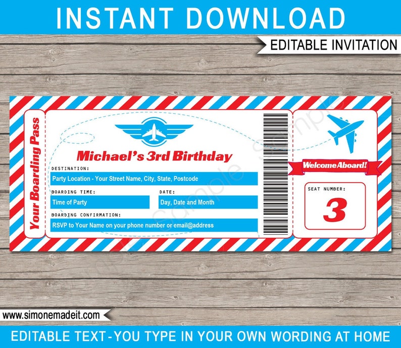 May include: Editable airplane-themed birthday invitation with red and blue stripes. The invitation says "Your Boarding Pass" and "Michael's 3rd Birthday". It includes space to fill in the party location, time, date, and RSVP information. The invitation also has a small airplane graphic and the text "Welcome Aboard!" with a seat number of "3".