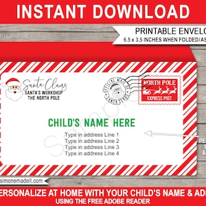 Plantilla de sobre de Papá Noel - Taller de Papá Noel de Navidad Imprimible en el Polo Norte - DESCARGA INSTANTE con nombre y dirección EDITABLES