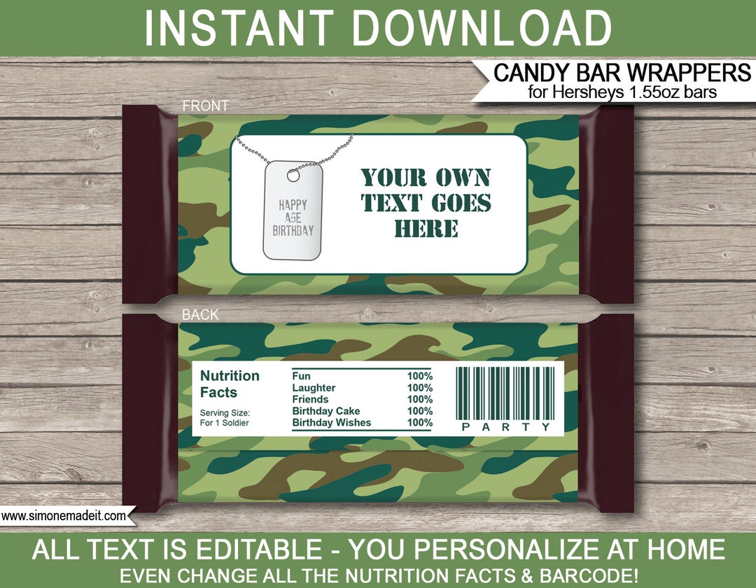 Army Candy Bar Wrappers Template - Printable Green Camo Theme Birthday ...