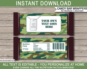Army Candy Bar Wrappers Template - Printable Green Camo Theme Birthday Party Favors - Custom Chocolate Labels - EDITABLE TEXT DOWNLOAD