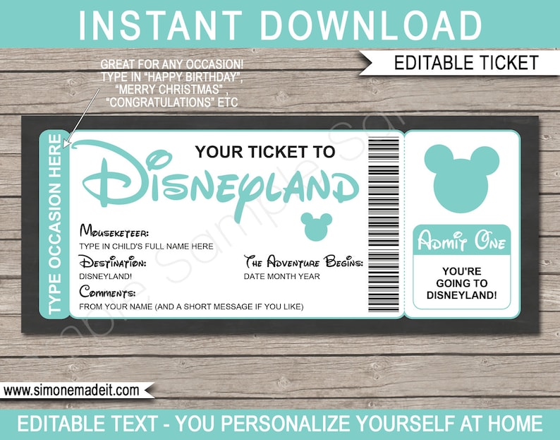 Printable Ticket to Disney Template Surprise Disneyland