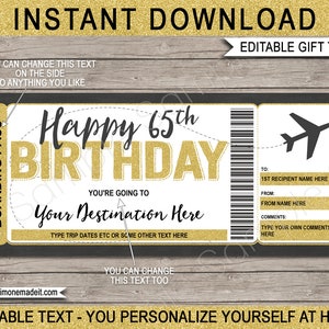65th Birthday Boarding Pass Template - Surprise Trip Gift - Fake Plane Ticket Coupon - Airplane Flight Destination - EDITABLE TEXT DOWNLOAD