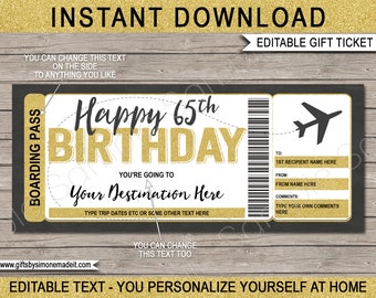 65th Birthday Boarding Pass Template: Surprise Trip Gift (EDITABLE TEXT DOWNLOAD)