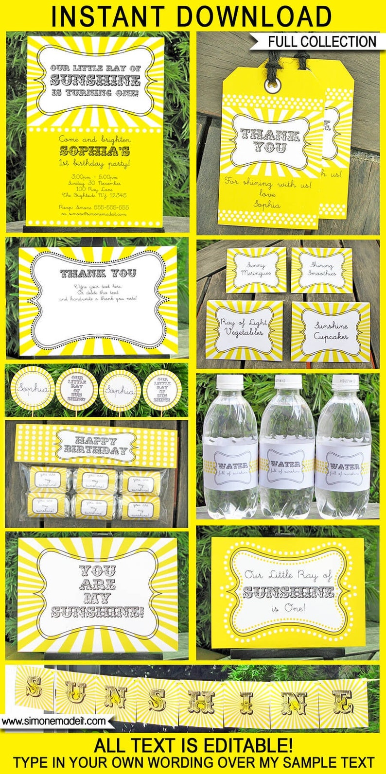 Op de afbeelding: Een printbare set met feestversiering voor een eerste verjaardag met een zonneschijn thema. De set bevat een banner, uitnodigingen, cupcake toppers, etiketten voor waterflessen en bedankkaartjes. De versiering is geel en wit met zwarte accenten en heeft een zonnestralen ontwerp.