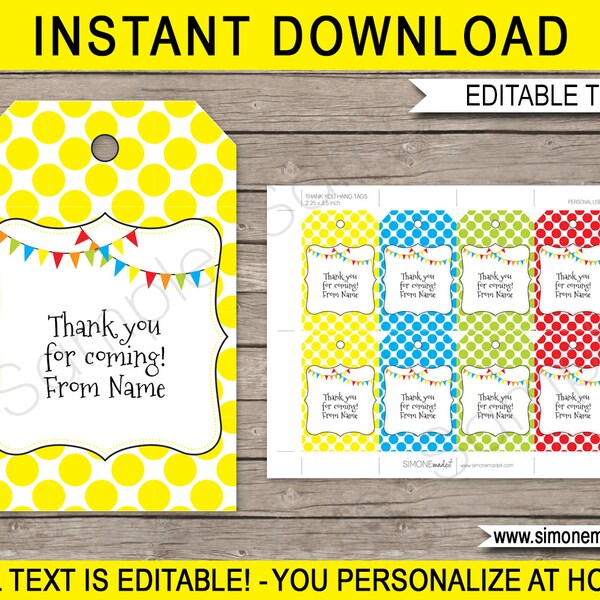 Polkadot Favor Tags Template - Printable Birthday Party Thank You Tags - INSTANT DOWNLOAD with EDITABLE text - you personalize