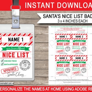 Santas Nice List Badge Template - Santas Workshop Noordpool - Bewerkbare en afdrukbare gepersonaliseerde officiële Kerstman - INSTANT DOWNLOAD