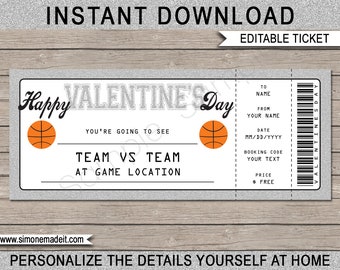 Valentine's Day Basketball Ticket Gift Voucher - Printable Basketball Game Ticket Surprise Gift - INSTANT DOWNLOAD - EDITABLE text