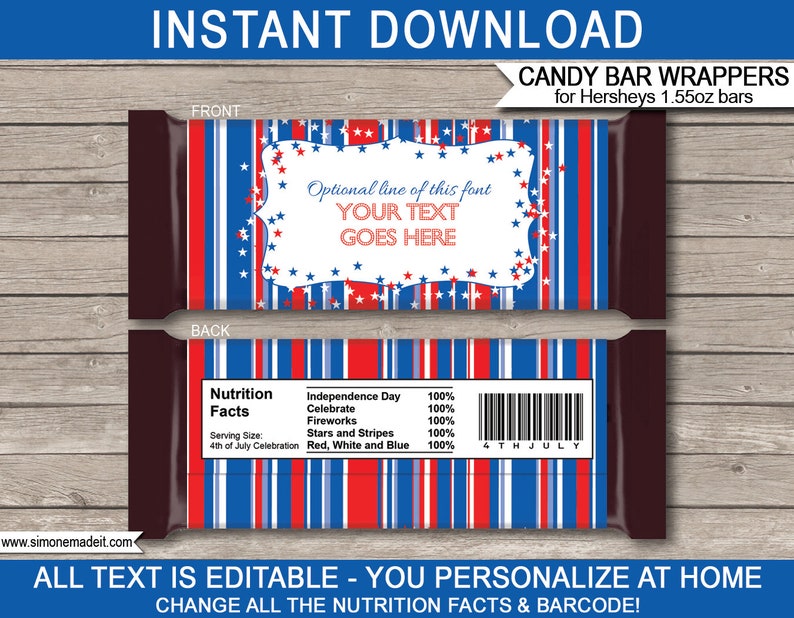 4th of July Candy Bar Wrappers Template Printable July Fourth Theme Chocolate Labels INSTANT DOWNLOAD EDITABLE text image 1