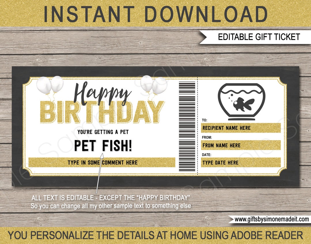 Pet Fish Gift Certificate Template - Printable Birthday Voucher Ticket Coupon for Kids - INSTANT ...