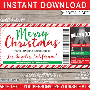 Los Angeles Trip Ticket Vorlage - Druckbare Weihnachtsgeschenk - Überraschung Hollywood Kalifornien Urlaubsreise enthüllen - EDITIERBAR