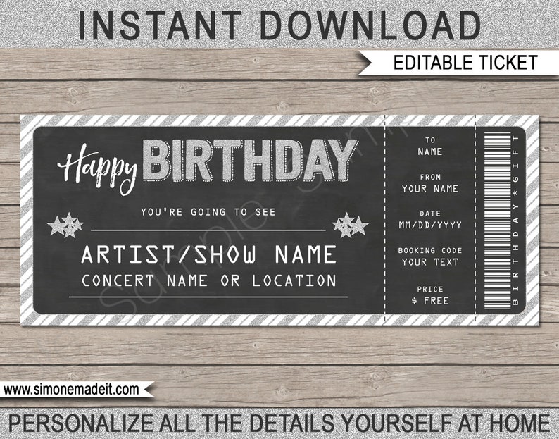 printable concert ticket gift gift voucher certificate fake etsy