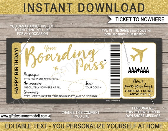 Boarding Pass Tickets to Nowhere Template - Fake Plane Ticket - Social Distancing Isolation Quarantine Birthday Fun Gag Gift - EDITABLE text Il_570xn