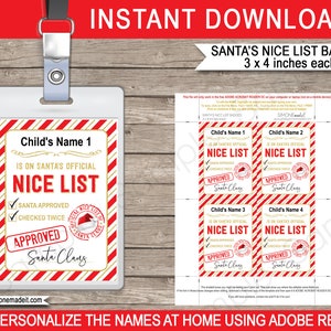 Santa Nice Lijst Officiële Badge Afdrukbare Kaartsjabloon - van de Noordpool van de Kerstman - Aangepast Elfrapport - INSTANT DOWNLOAD - BEWERKBARE namen