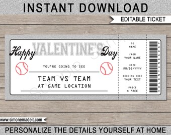 Valentine's Day Baseball Ticket Gift Voucher - Printable Baseball Game Ticket - Surprise Gift Certificate - INSTANT DOWNLOAD - EDITABLE text