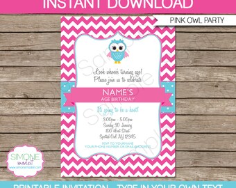Owl Invitation Template - Birthday Party - Pink - INSTANT DOWNLOAD with EDITABLE text - you personalize at home