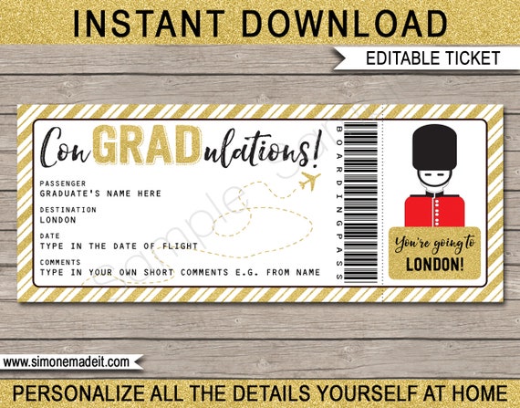 London Boarding Pass Graduation Gift Printable Plane Ticket - Surprise Post-Grad Trip England - INSTANT DOWNLOAD - EDITABLE text - you edit Il_570xn