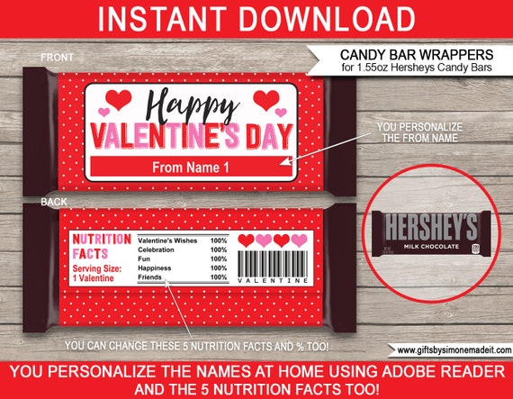Valentine Candy Bar Wrappers Template - Printable Chocolate Labels - Gift Tags - School Class Gifts - INSTANT DOWNLOAD with EDITABLE Names Il_570xn