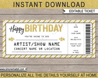 Concert Ticket Birthday Gift Printable Template - Surprise Concert, Show, Band - Gift Certificate Coupon Card - EDITABLE TEXT DOWNLOAD