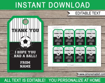Soccer Favor Tags Thank You Tags Birthday Party Favors Printable Template - INSTANT DOWNLOAD with EDITABLE text - you personalize at home