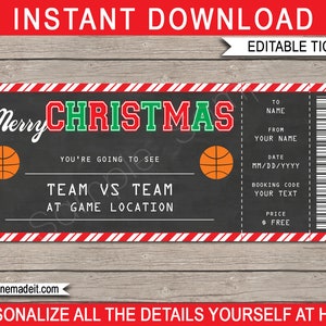 Plantilla de regalo de boleto de baloncesto de Navidad - Certificado de vale de boleto sorpresa imprimible para un juego de baloncesto - DESCARGA INSTANTÁNEA - EDITABLE