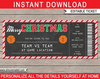 Christmas Basketball Ticket Gift Template - Printable Surprise Ticket to a Basketball Game Voucher Certificate - INSTANT DOWNLOAD - EDITABLE