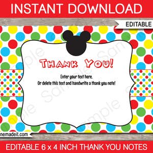 Mickey Mouse Party Thank You Cards - Minnie Mouse Theme Thank You Cards - Printable Tags - 4x6 inches - INSTANT DOWNLOAD with EDITABLE text