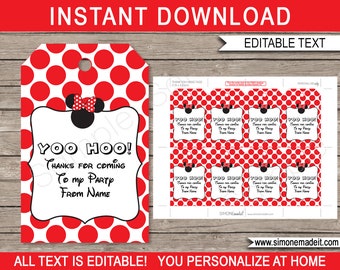 Red Minnie Mouse Favor Tags: Editable Birthday Thank You (Digital Download)