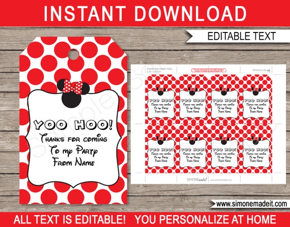 Red Minnie Mouse Favor Tags Template Printable Birthday - Etsy