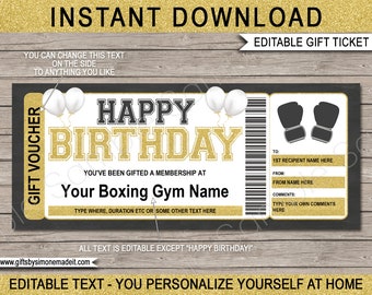 Boxing Membership Template Birthday Gift - Surprise Gym Pass - Printable Gift Voucher Certificate Coupon Template - EDITABLE TEXT DOWNLOAD