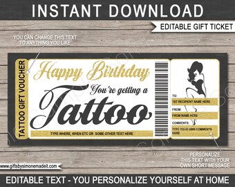 Tattoo Gift Template Voucher Certificate Card Ticket Printable - 50's Girl Pinup Design - Get Inked - INSTANT DOWNLOAD with EDITABLE text