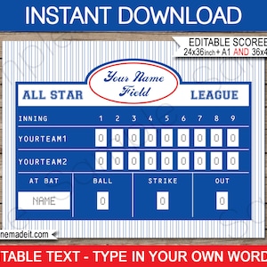 Baseball Scoreboard Printable Backdrop Sign - INSTANT DOWNLOAD with EDITABLE text - 2 sizes - 36x48 inches (or A0) and 24x36 inches (or A1)
