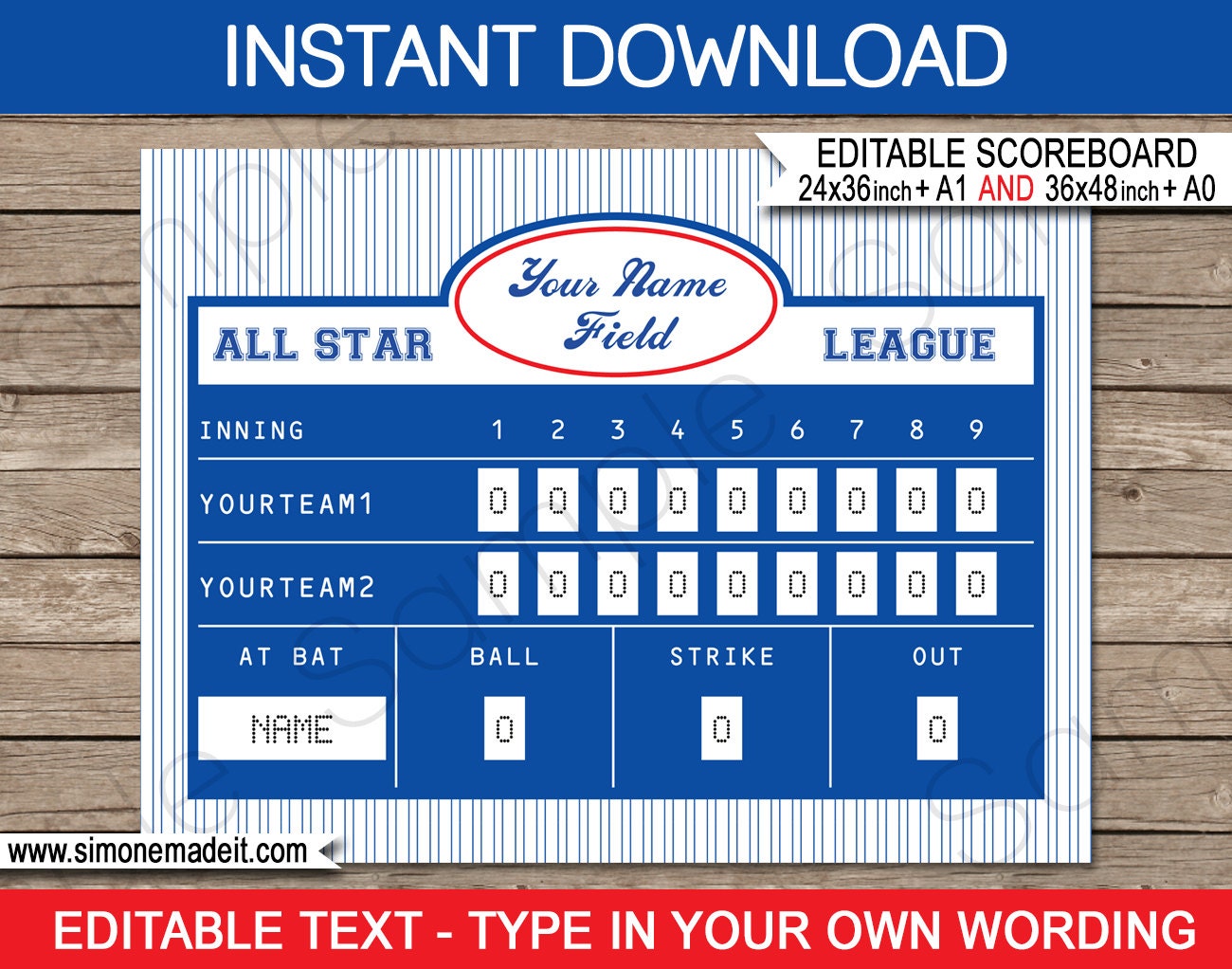 Baseball Scoreboard Printable Backdrop Sign INSTANT DOWNLOAD With