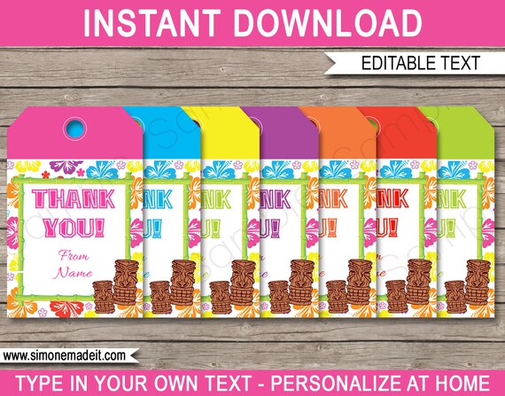 Luau Favor Tags - Thank You Tags - Birthday Party Favors - INSTANT DOWNLOAD with EDITABLE text template - you personalize at home Il_570xn