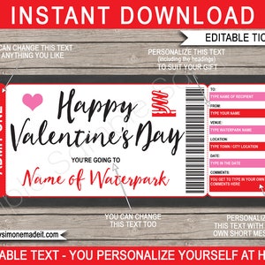Valentine&#39;s Day Waterpark Ticket Template: Editable Gift Voucher (PDF)