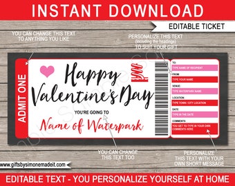 Valentine's Day Waterpark Ticket Template: Editable Gift Voucher (PDF)