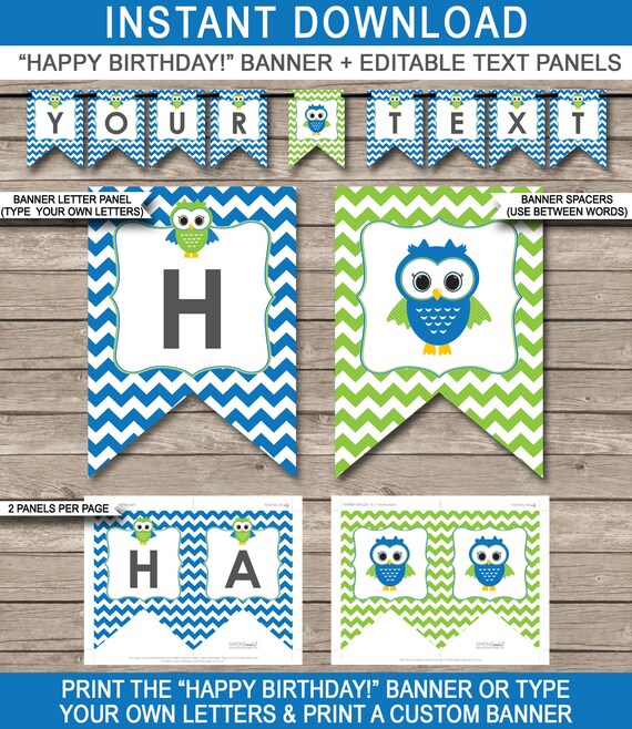 Owl Party Banner Happy Birthday Banner Custom Banner Party Decorations Bunting Blue Green Instant Download With Editable Text By Simonemadeit Catch My Party