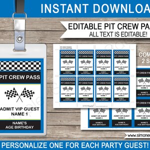 Blauer Rennauto-Party-Boxencrew-Pass - Druckbare Geburtstagsfeierdekoration - SOFORTIGER DOWNLOAD - EDITIERBARE Vorlage - Personalisieren mit Adobe Reader
