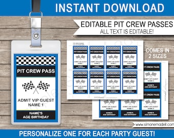 Blue Race Car Party Pit Crew Pass printable insert - INSTANT DOWNLOAD and EDITABLE template - type your own text in Adobe Reader