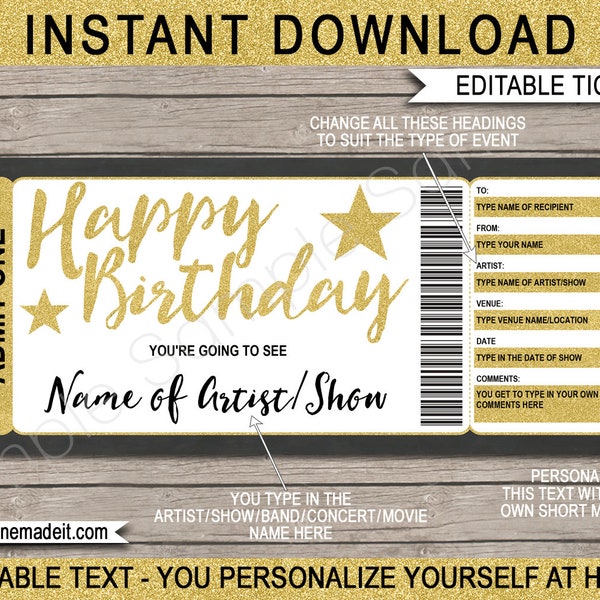 Printable Concert Ticket Template Birthday Gift Voucher - Surprise Concert Show Artist Movie - Fake Ticket Coupon - EDITABLE TEXT DOWNLOAD