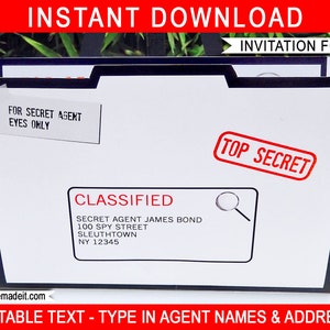 Spy Secret Agent Party Invitation Folder - INSTANT DOWNLOAD - EDITABLE file - you personalize the address at home with Adobe Reader