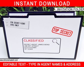 Spy Secret Agent Party Invitation Folder - INSTANT DOWNLOAD - EDITABLE file - you personalize the address at home with Adobe Reader